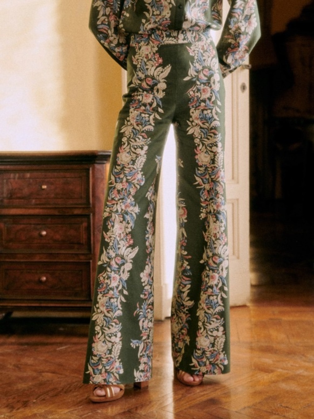 Sezane Tyler Floral Trousers High Waist Wide Leg Linen Cotton Olive Green Size 2